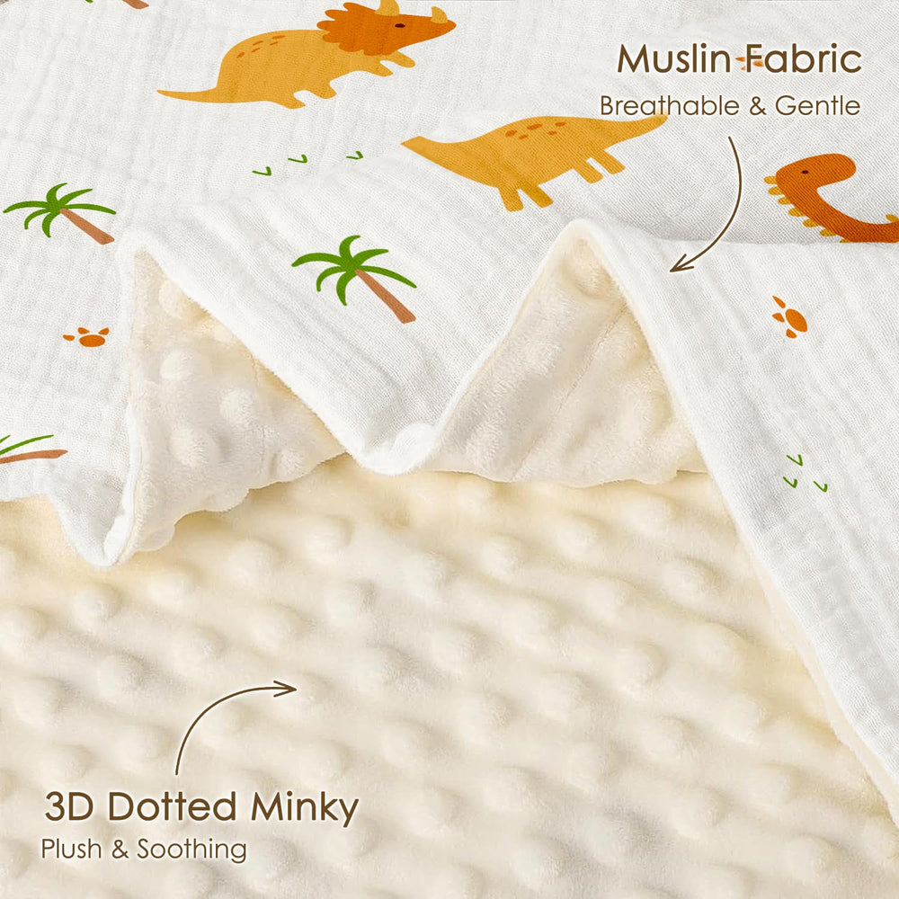 Sandjest Dinosaur Blanket muslin side provides breathable softness for baby naps