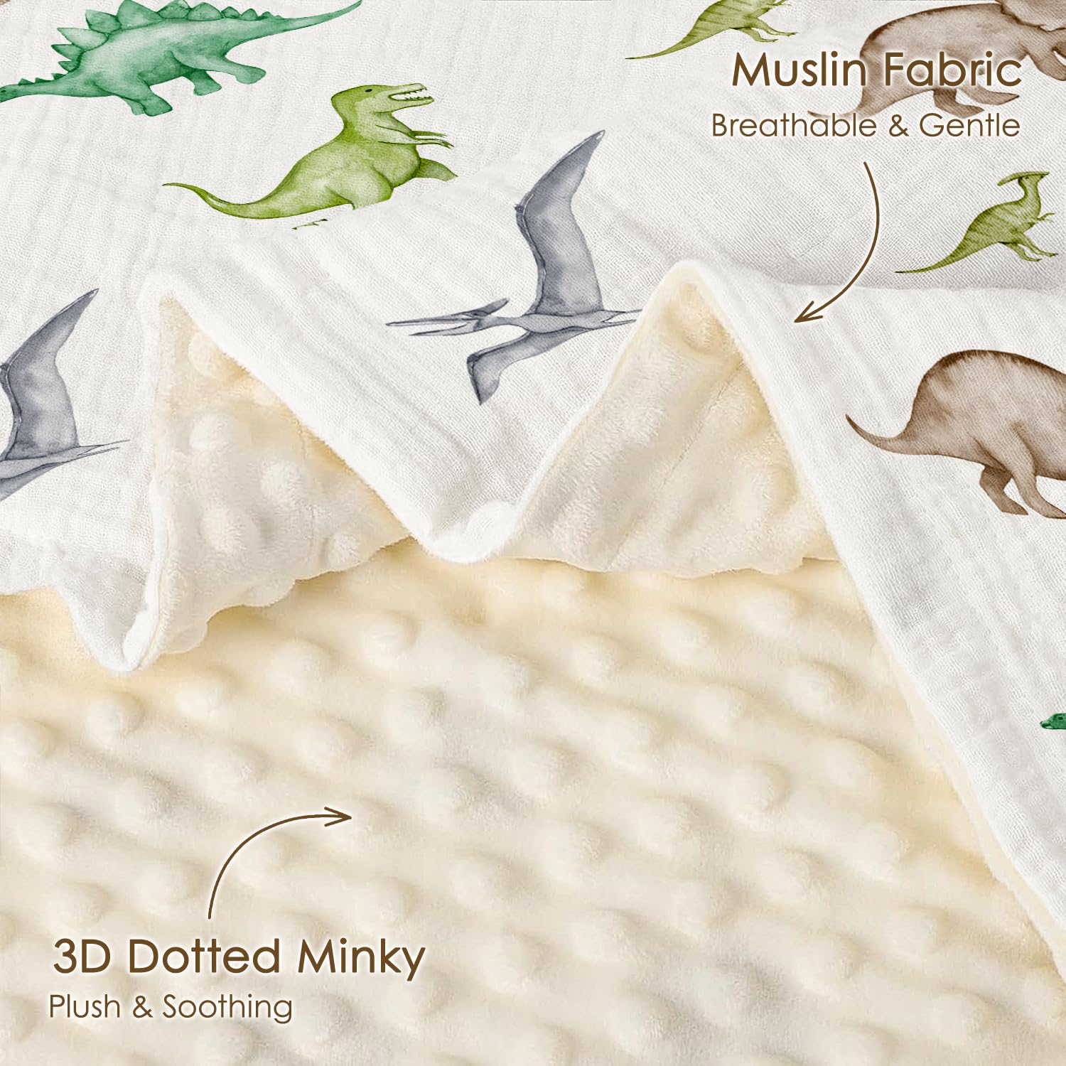 SANDJEST Dinosaur blanket muslin side highlights breathable cotton and cozy texture.