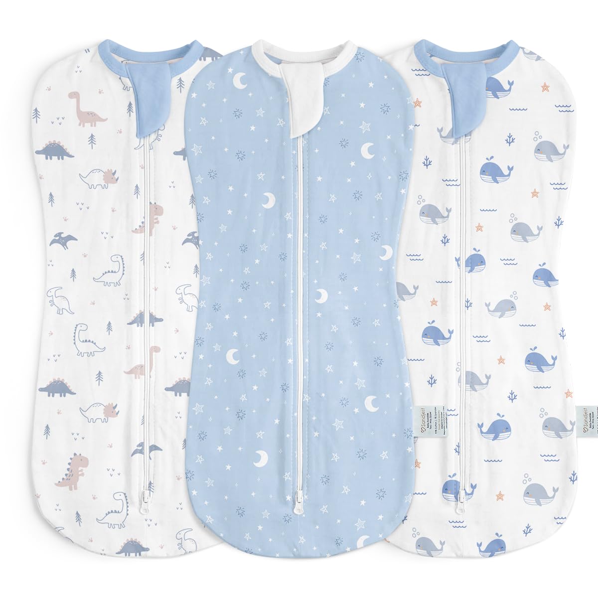 SANDJEST dinosaur-swaddle-pack in soft cotton promotes secure newborn sleep.