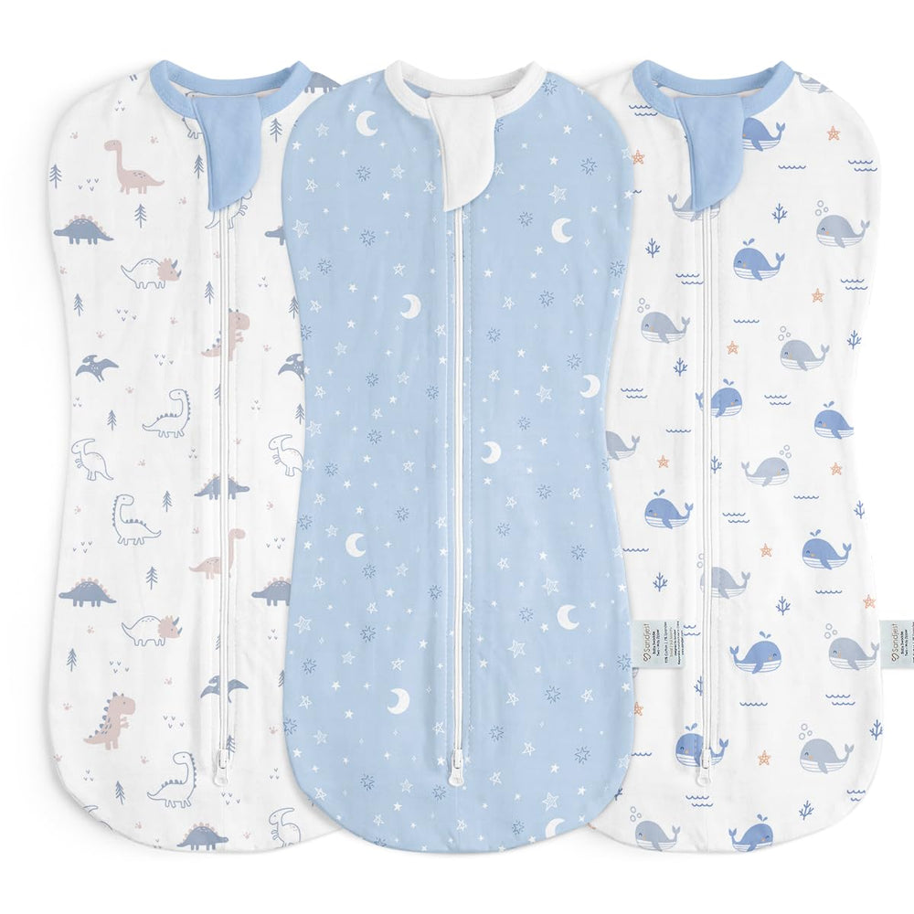 SANDJEST dinosaur-swaddle-pack in soft cotton promotes secure newborn sleep.