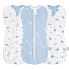 SANDJEST dinosaur-swaddle-pack in soft cotton promotes secure newborn sleep.