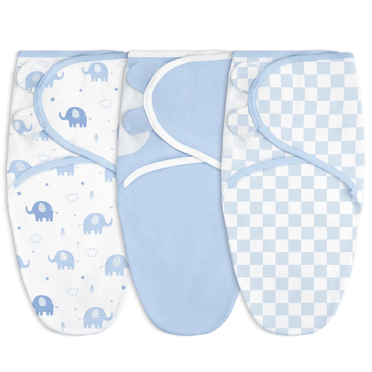 SANDJEST elephant-checkered blue swaddle in pack of 3 provides cozy newborn sleep support.