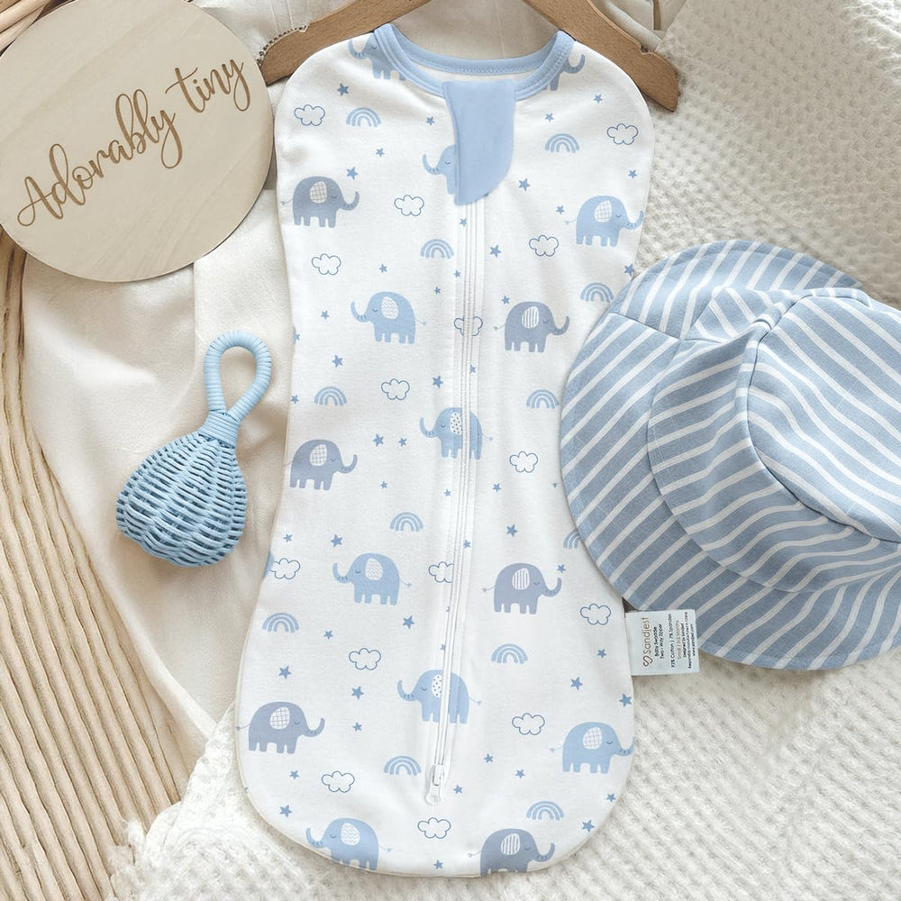 SANDJEST elephant design packaging image communicates gift-ready, stylish newborn wrap option