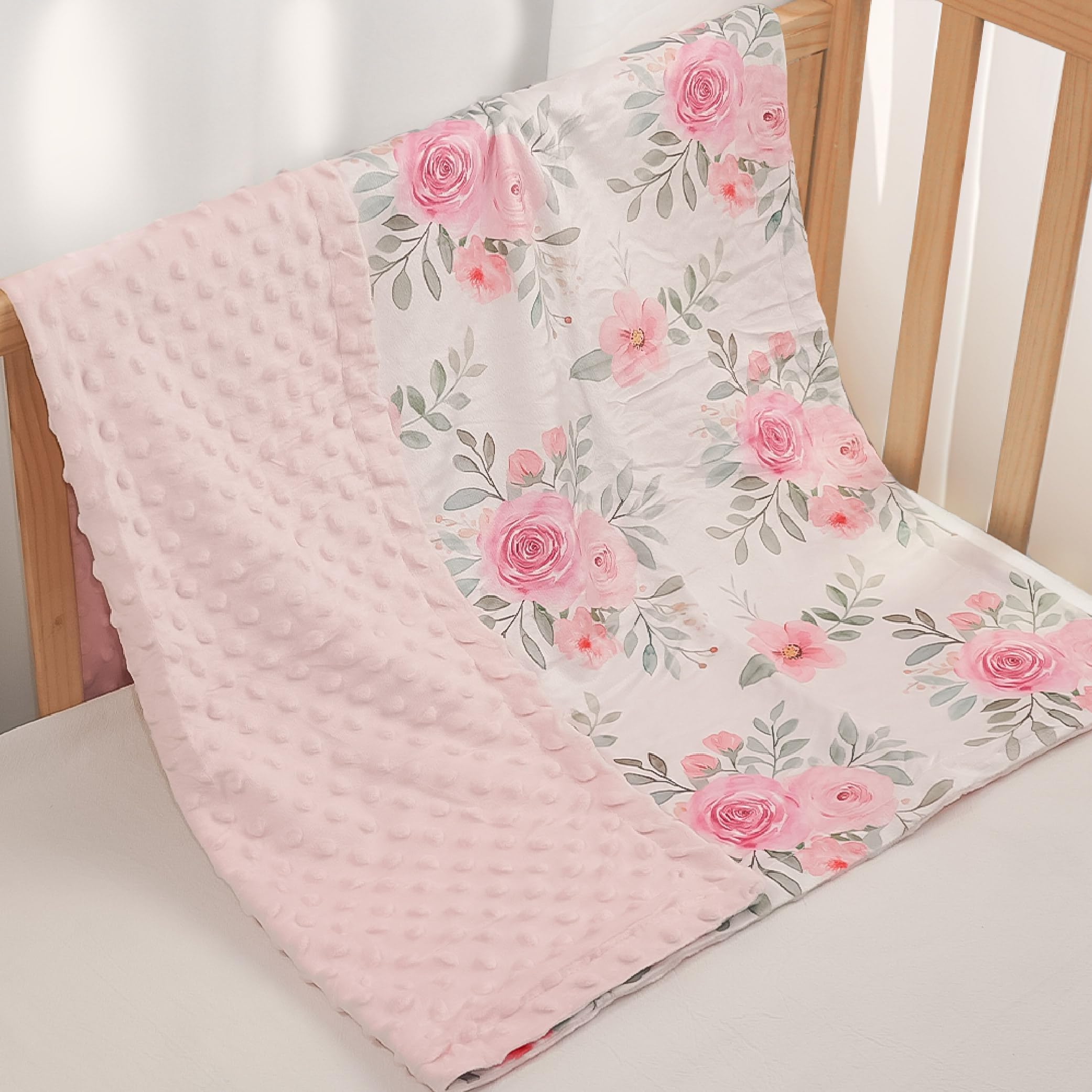 SANDJEST floral minky blanket shown in nursery ambiance