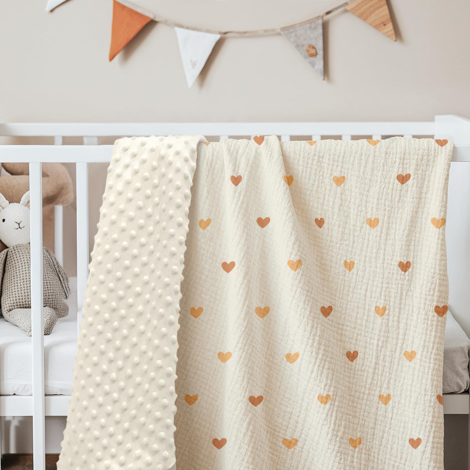 SANDJEST Heart Baby Blanket nursery design complements soft, cheerful spaces.