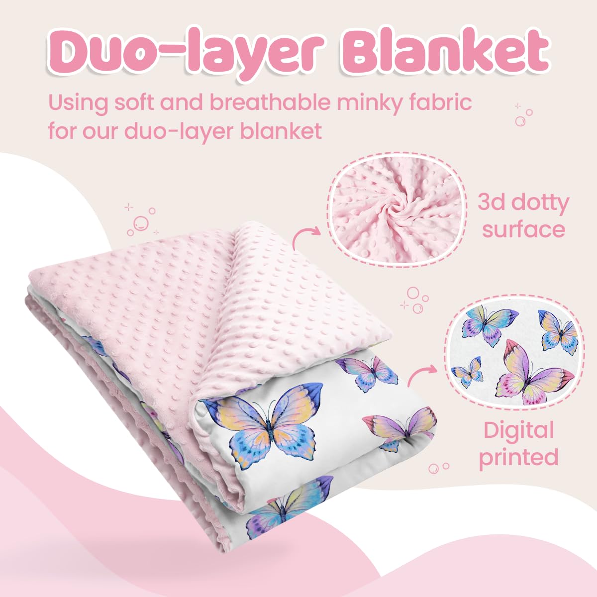 SANDJEST Kid Blanket back with 3D dotted texture for tactile interest.