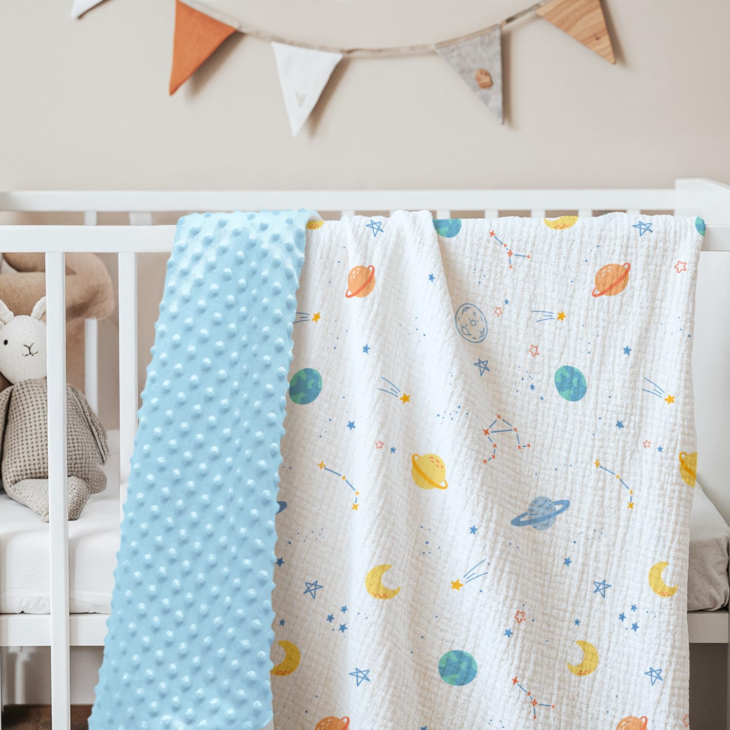 SANDJEST outer-space-blanket-swaddle-usage illustrates easy wrap and nursing cover options.
