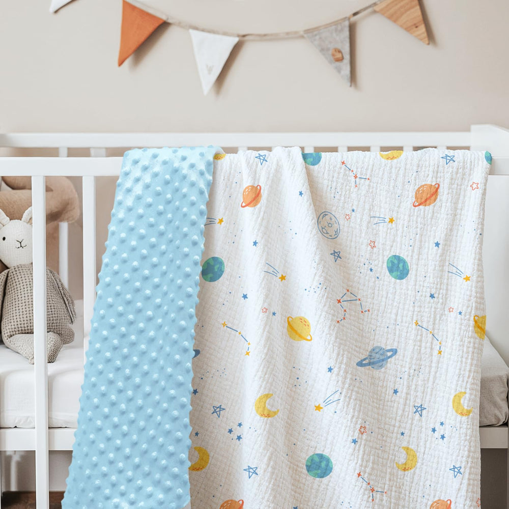 SANDJEST outer-space-blanket-swaddle-usage illustrates easy wrap and nursing cover options.