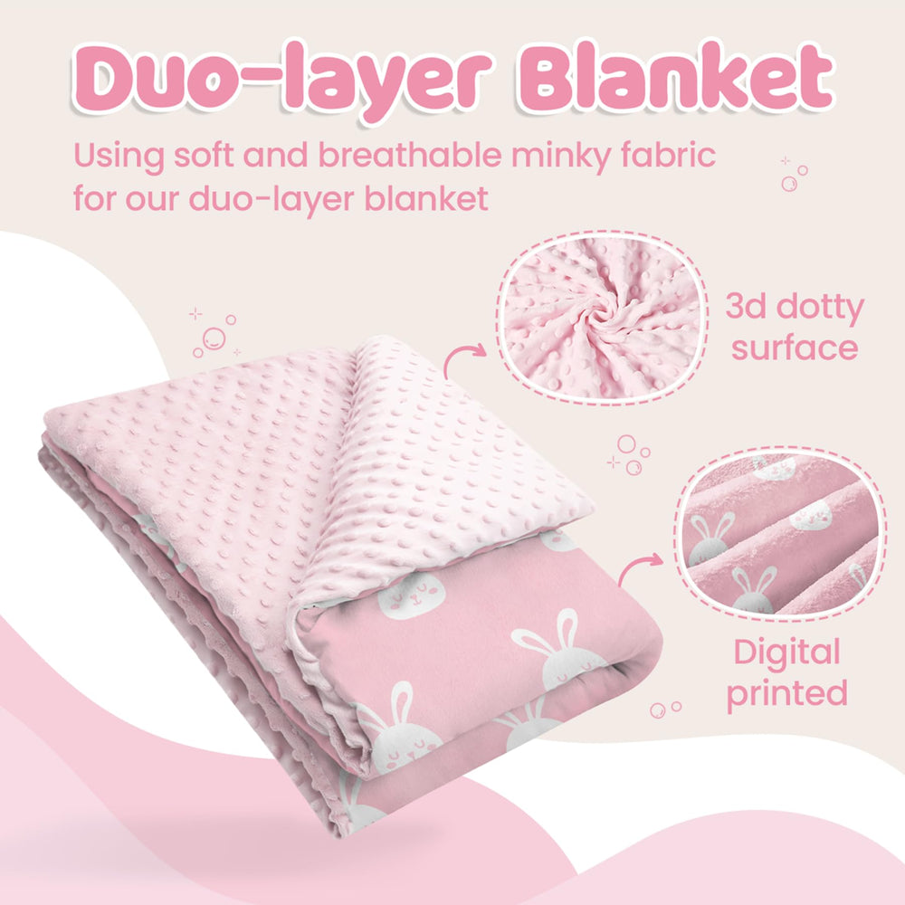 SANDJEST Rabbit Minky blanket dotted-back design adds tactile interest during tummy time.