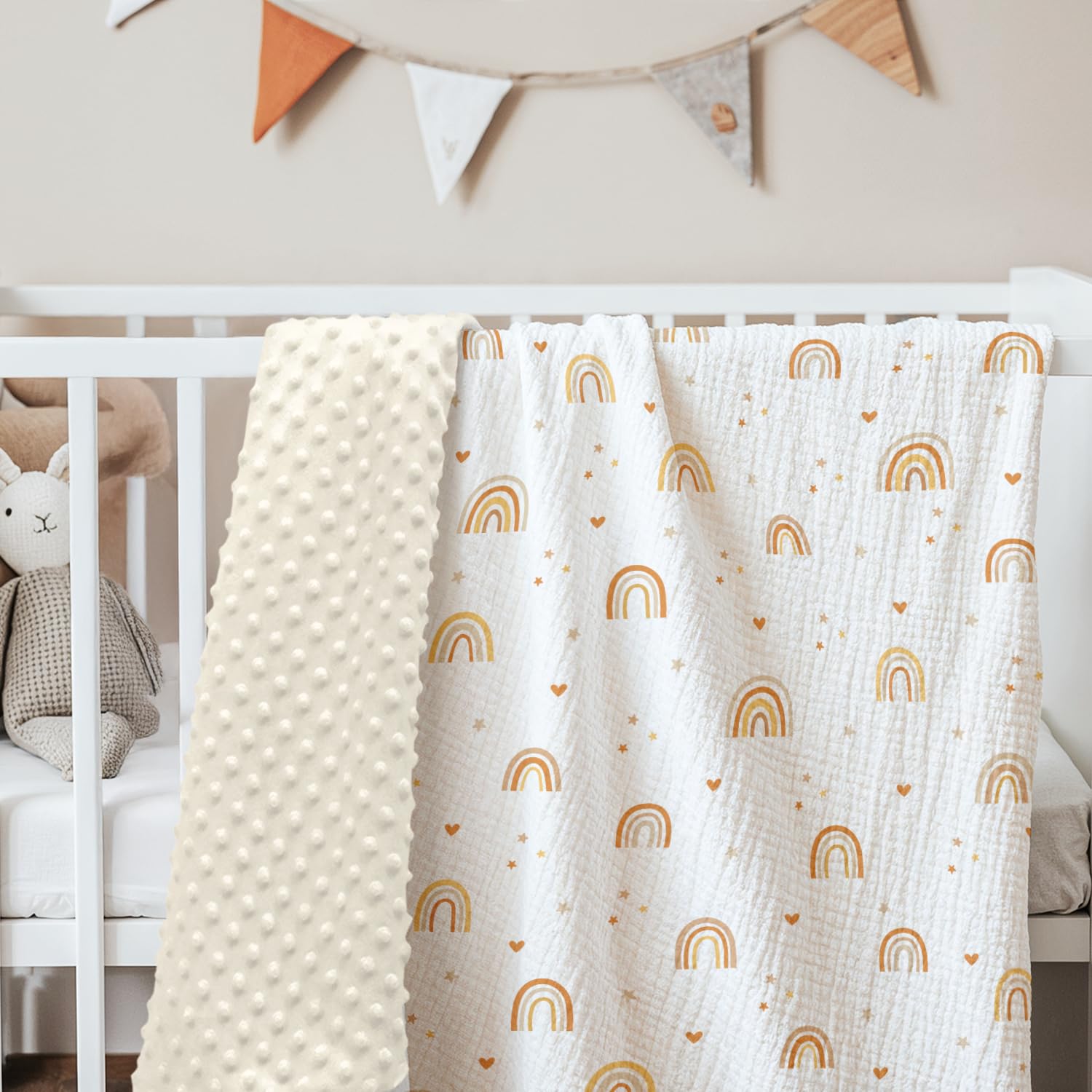 SANDJEST Rainbow Baby Blanket in a bright nursery design and decor inspiration
