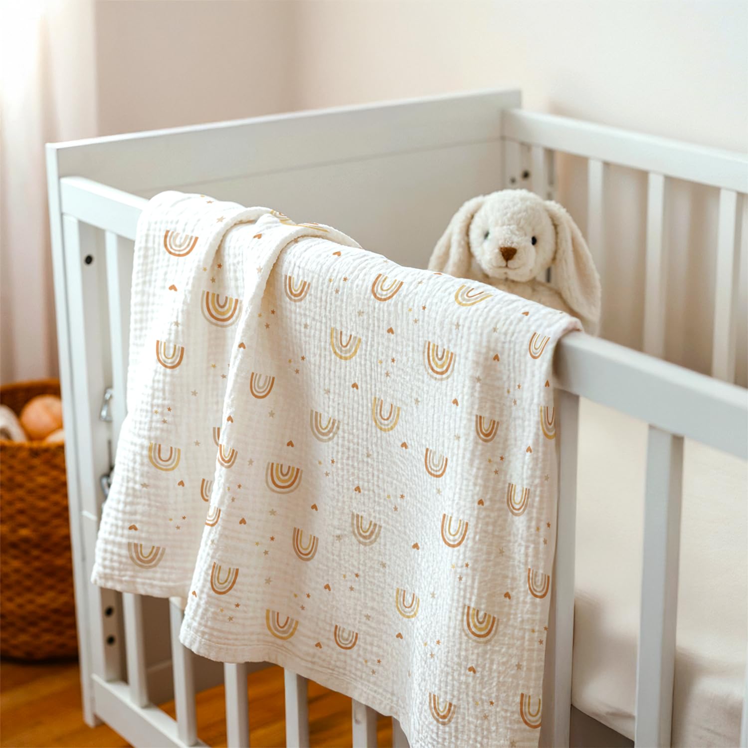 SANDJEST Rainbow Baby Blanket used as swaddle for calm transitions