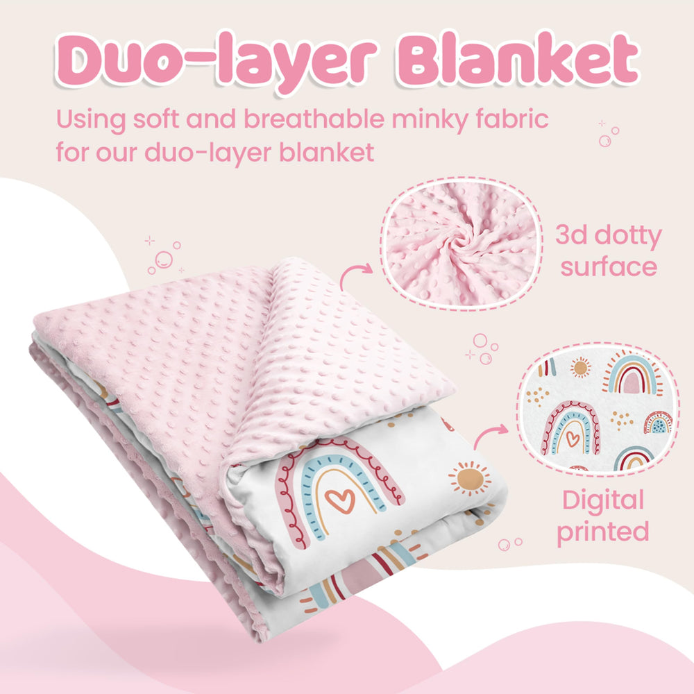 SANDJEST Rainbow Kid Blanket spread on bed for colorful nursery decor and calm sleep.