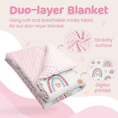 SANDJEST Rainbow Kid Blanket spread on bed for colorful nursery decor and calm sleep.