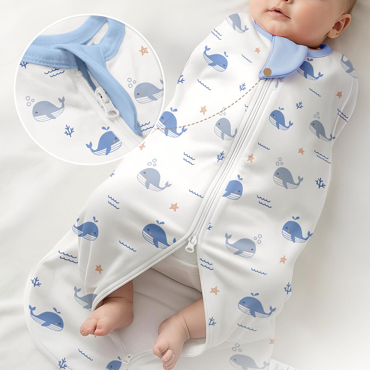 SANDJEST soft cotton baby wearable blanket close-up for cozy sleep.