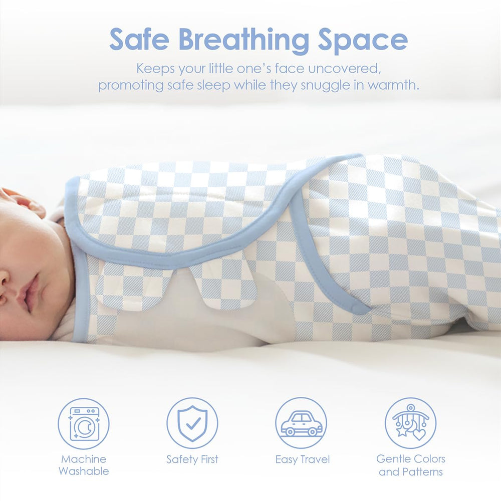 SANDJEST wearable blanket on infant demonstrates secure wrap while moving safely.