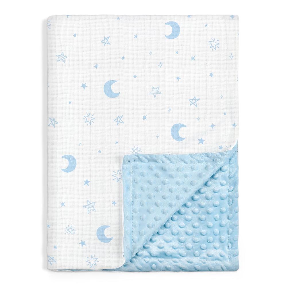 Sandjest Star Moon blanket front view showing soft muslin side for newborn comfort