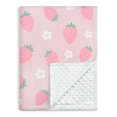 SANDJEST Strawberry Minky Blanket front view — plush texture for cozy sleep.