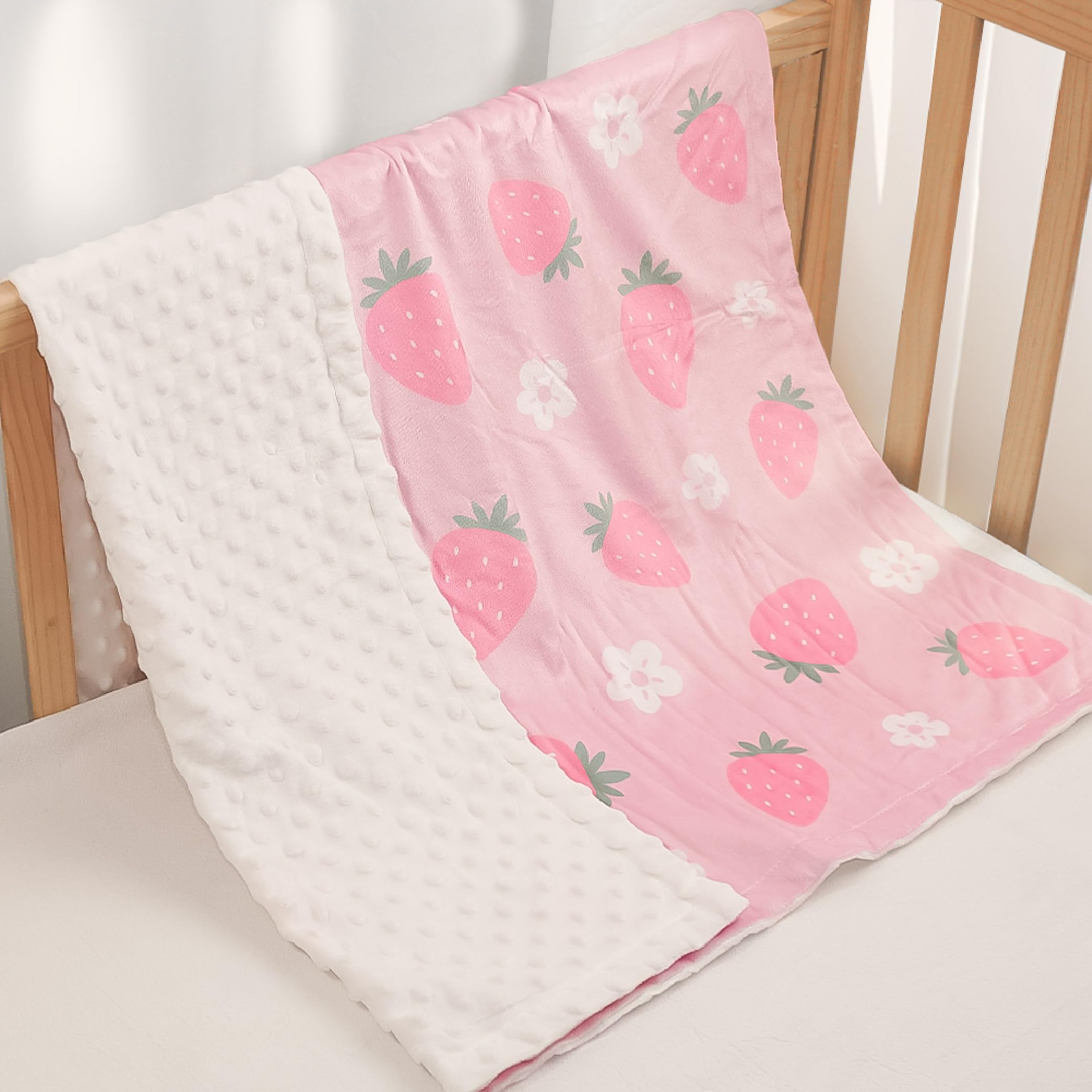 SANDJEST Strawberry Minky Blanket nursing cover — versatile warmth during feeds.