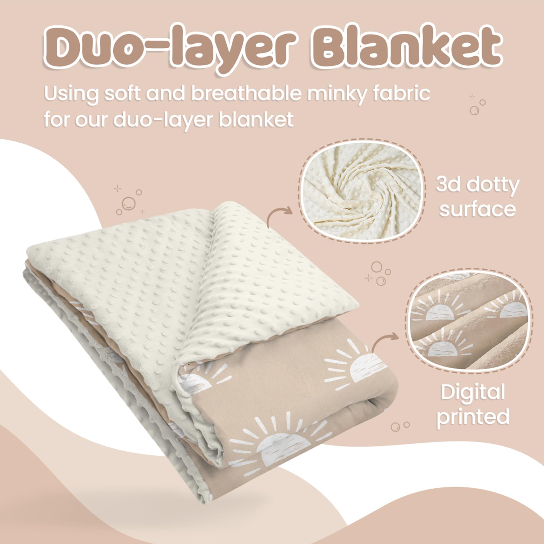 SANDJEST Sun Minky blanket dotted back closeup highlights plush texture for soothing babies.