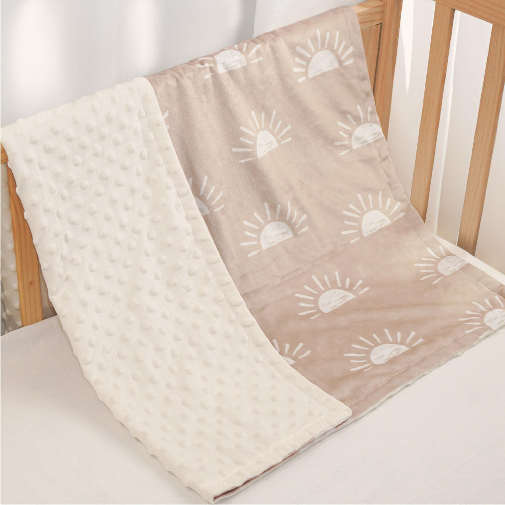 SANDJEST Sun Minky blanket stroller cover image conveys convenient on-the-go coverage.
