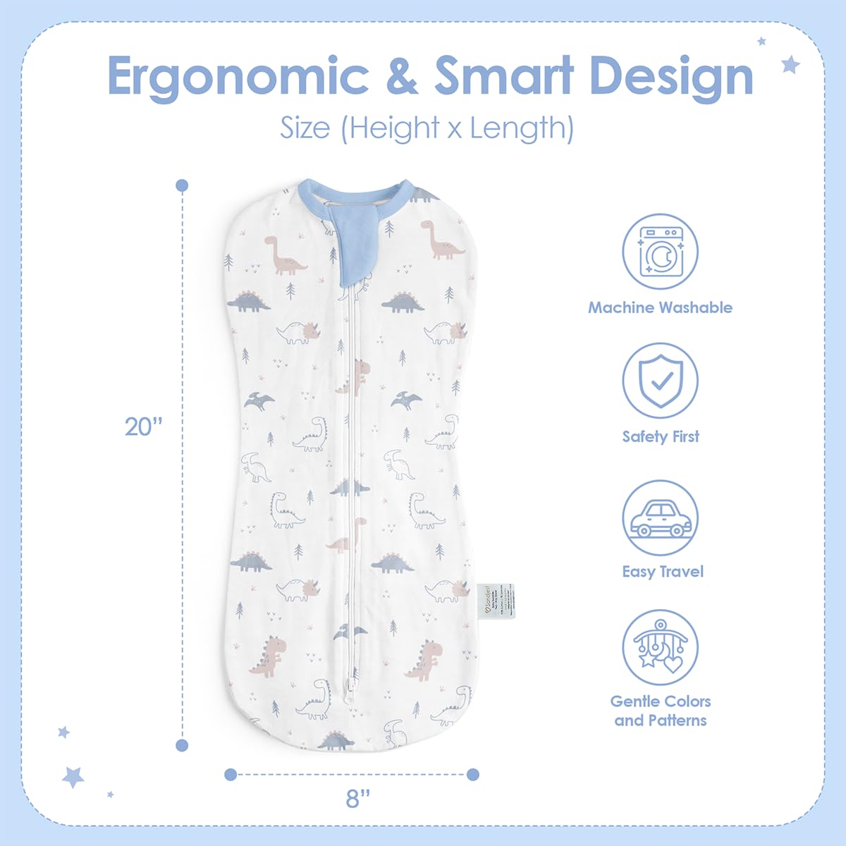 SANDJEST swaddle dinosaur closeup shows soft cotton touch