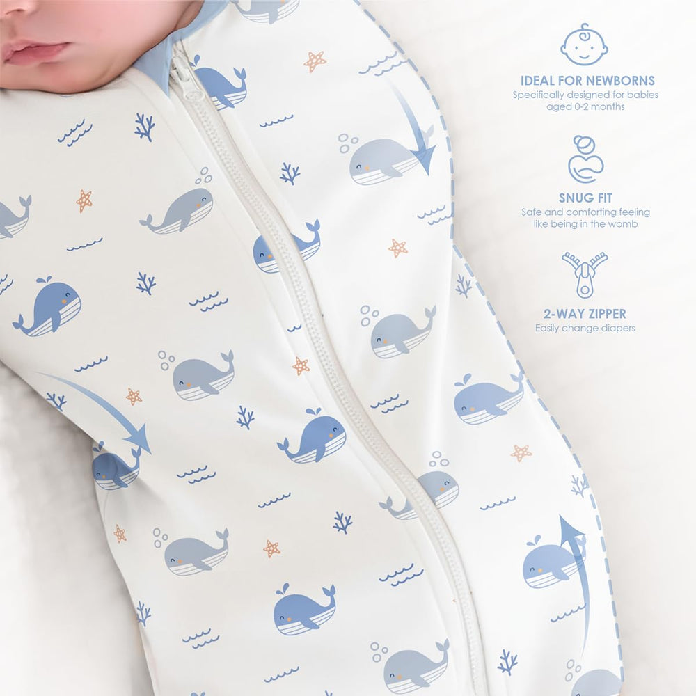 SANDJEST newborn in a sleep-ready wearable blanket for calm nights.