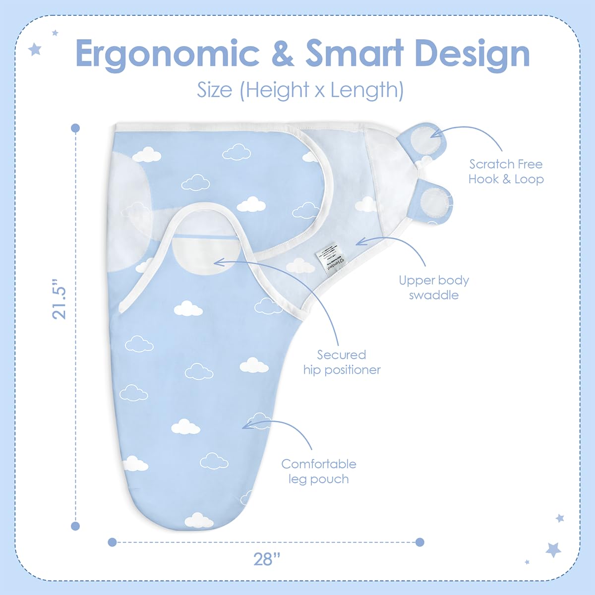 SANDJEST swaddle star cloud arm-in sleep-sack close-up—breathable cotton fabric