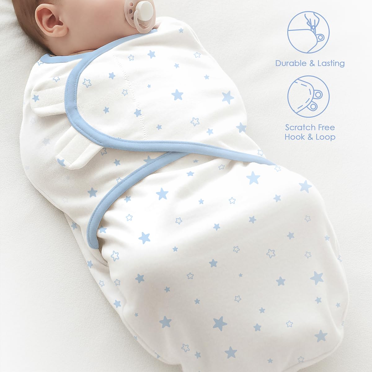 SANDJEST swaddle star cloud secure shoulder wrap—easy swaddle closure