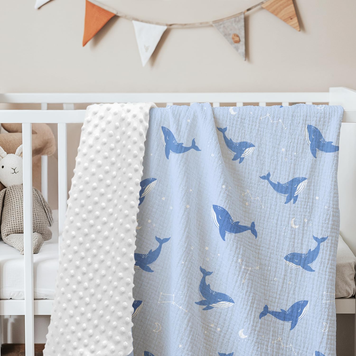 SANDJEST Whale Blanket nursery design adds cheerful charm to space