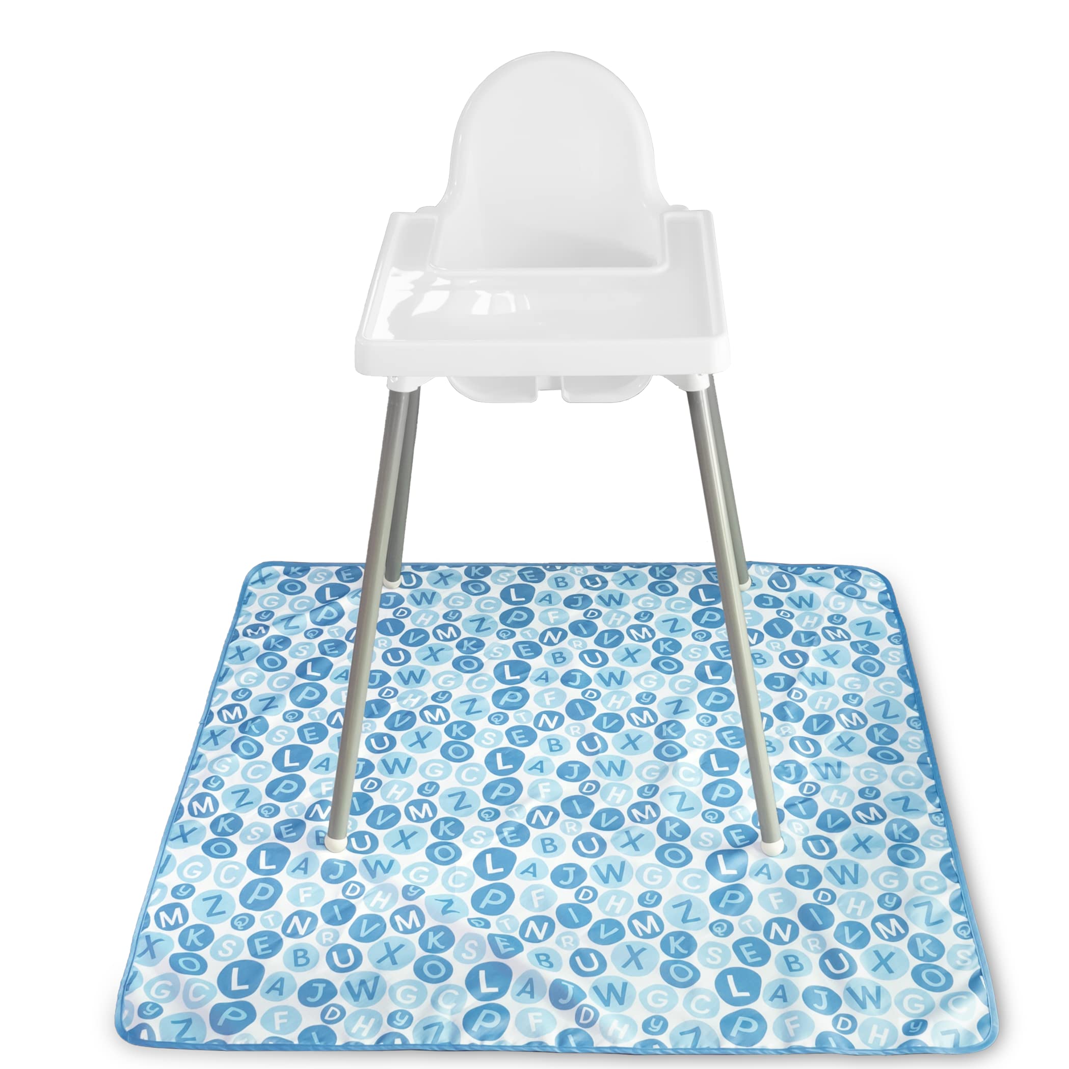 S&T INC Baby Splat Mat under high chair with blue alphabet design for spill protection.