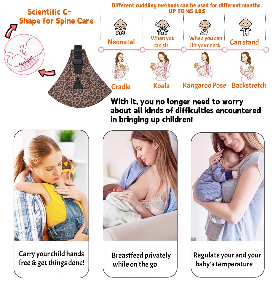 Sanilinwild Leopard Sling suitable for ages 0-36 months with flexible weight range.