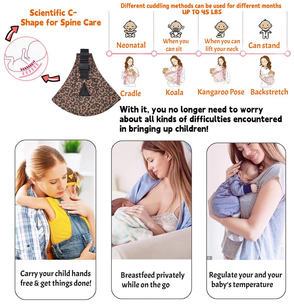 Sanilinwild Leopard Sling suitable for ages 0-36 months with flexible weight range.