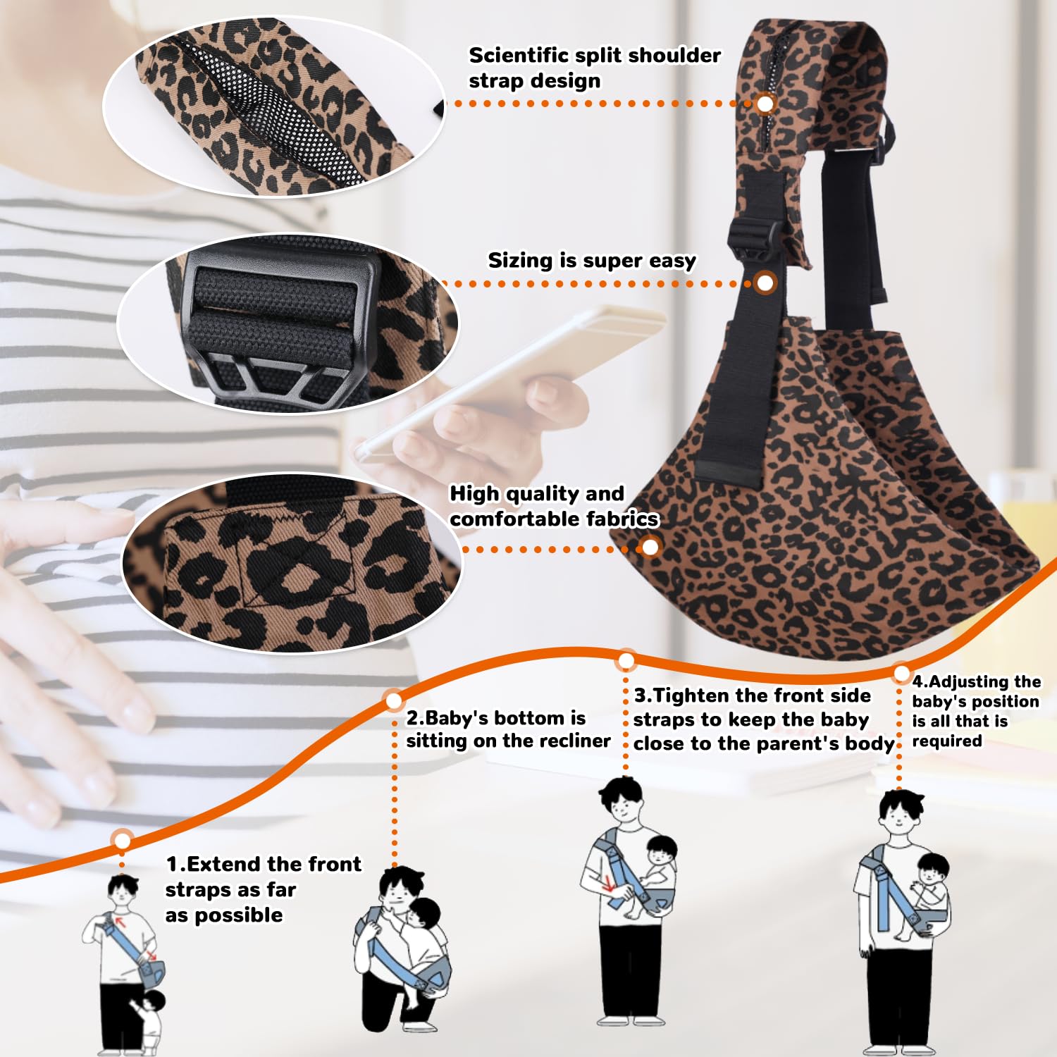 Sanilinwild Leopard Baby Sling ergonomic strap detail supports daily comfort during wear.