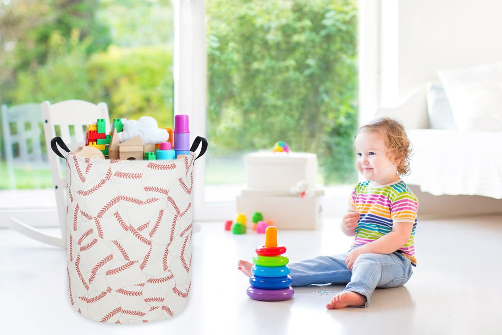 Sanjiaofen baseball laundry hamper in-room example highlights versatile kids' toy storage.