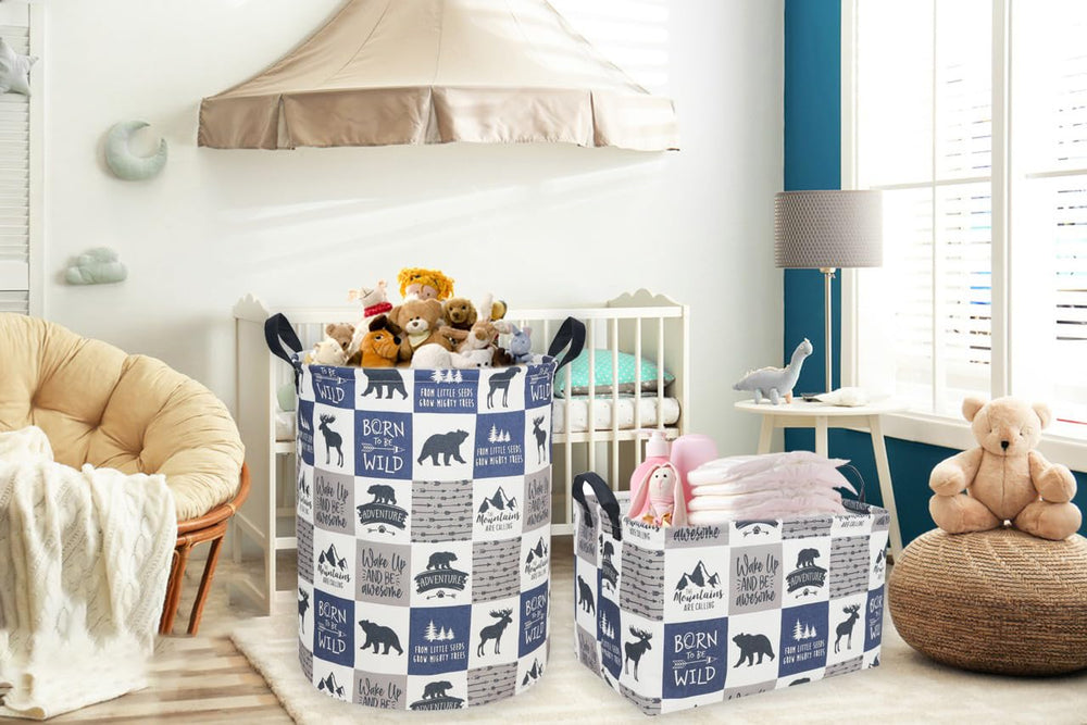 Sanjiaofen bear-pattern bin with toys inside demonstrates organized play space.
