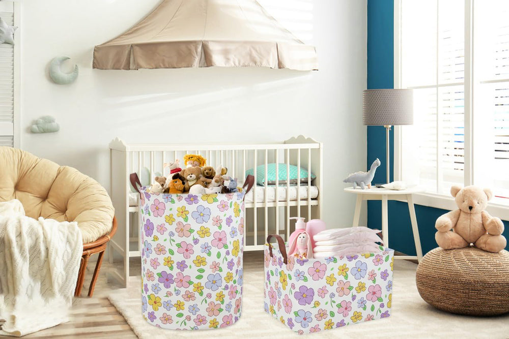 Sanjiaofen flower laundry hamper side view highlights sturdy handles for easy transport.
