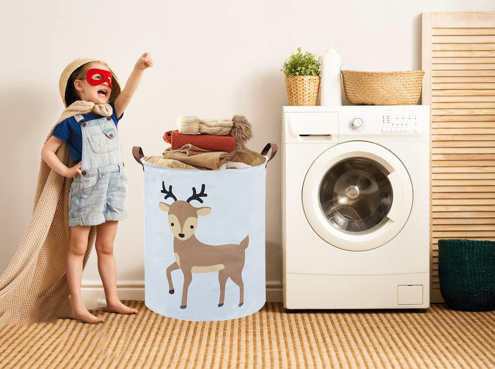Sanjiaofen kids laundry basket deer collapsible demonstrates space-saving storage when not in use.
