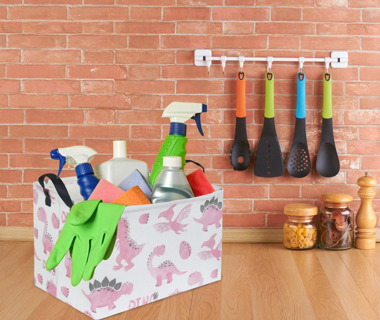 Sanjiaofen pink dinosaur basket collapsed for compact storage.