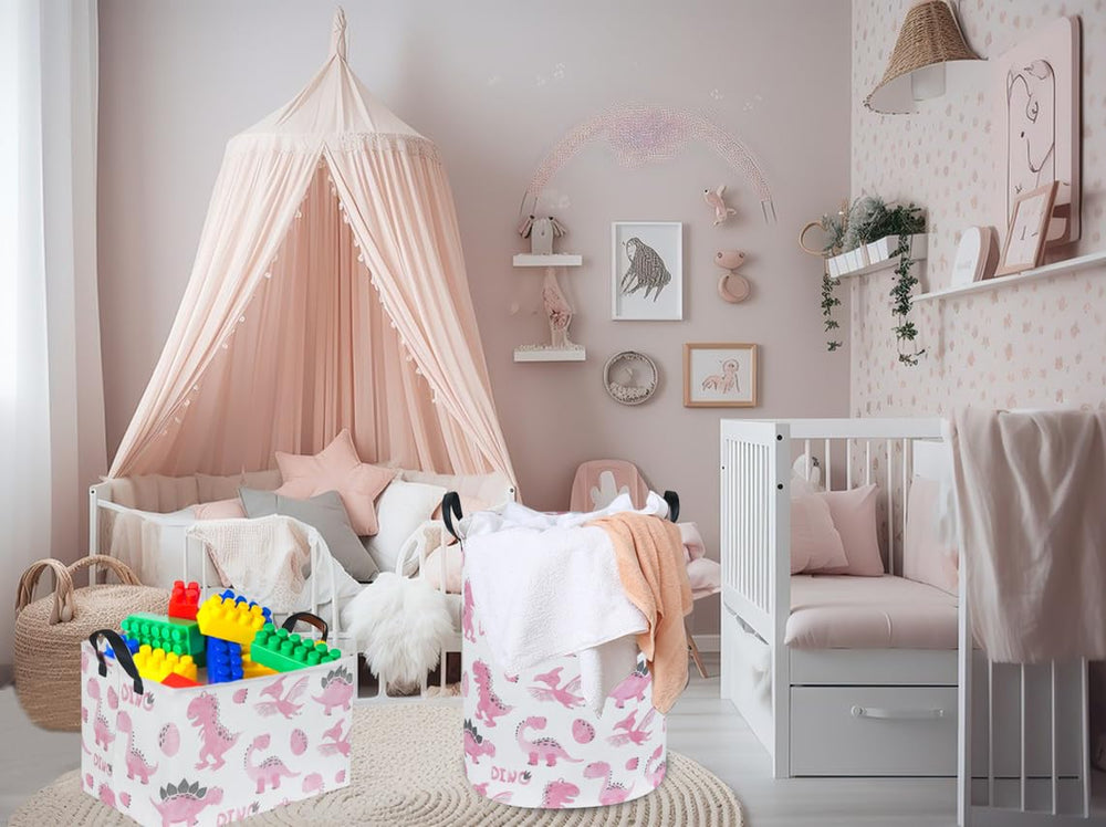 Sanjiaofen pink dinosaur basket in kid's room for decor and storage.