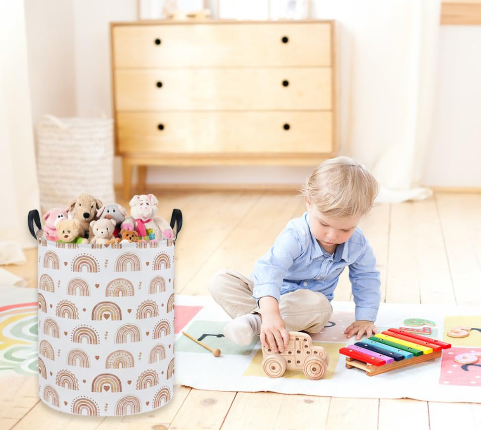 Sanjiaofen Rainbow Laundry Hamper used for toy storage in playroom.