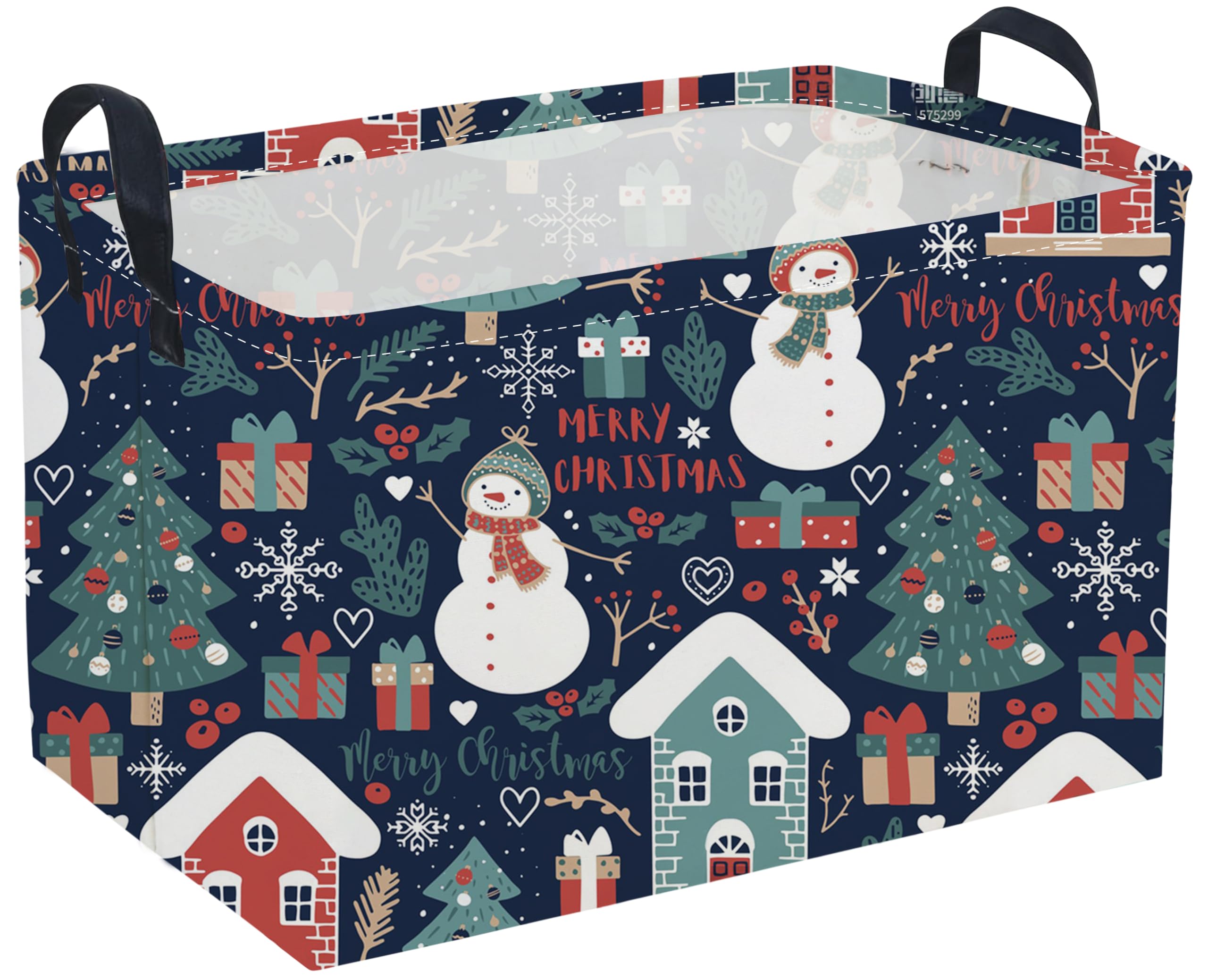 Sanjiaofen rectangular Christmas basket blue snowman close-up showing sturdy handles for easy transport.