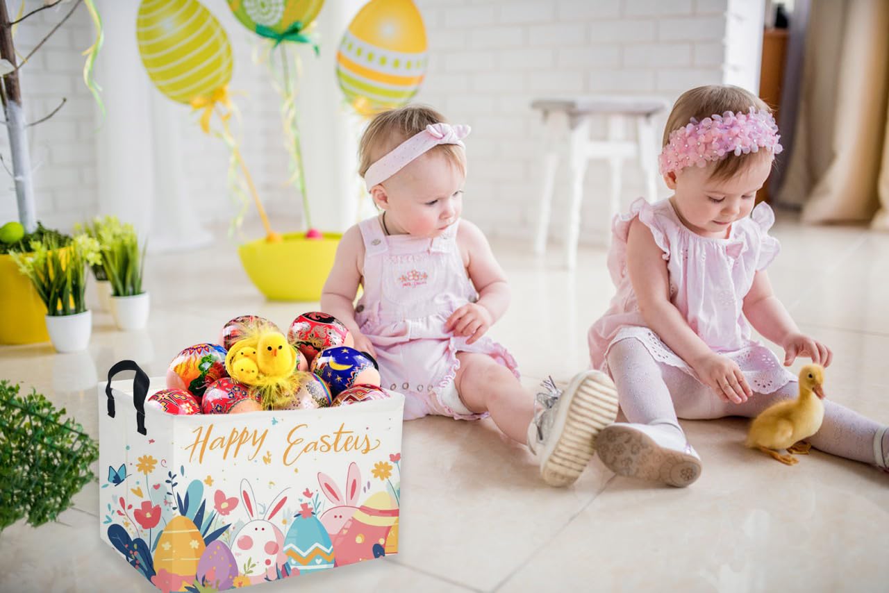 Sanjiaofen rectangular Easter basket leather handles closeup highlighting durable carry.