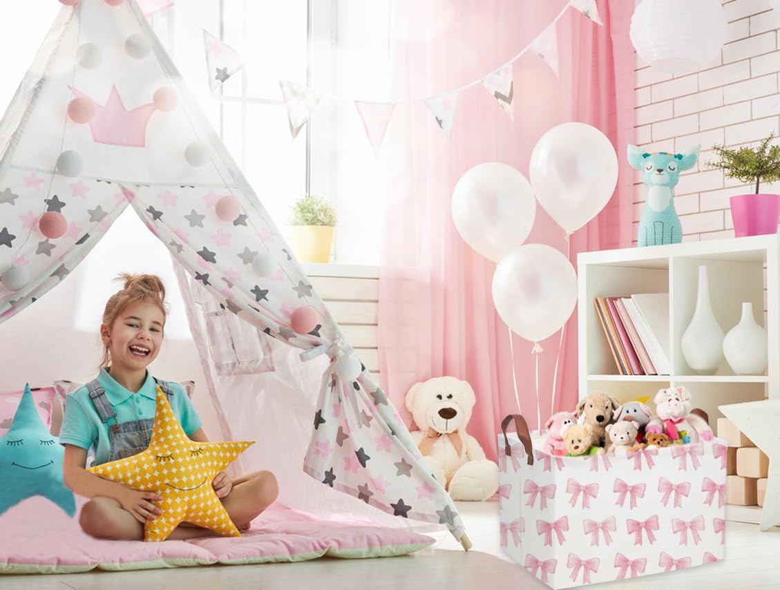 Sanjiaofen pink bowknot bin open-top for quick-access toys and books.