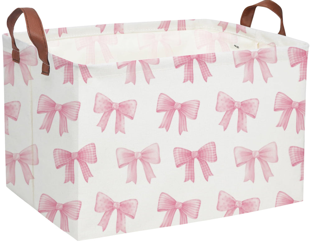Sanjiaofen pink bowknot basket stores toys neatly in kids' rooms.