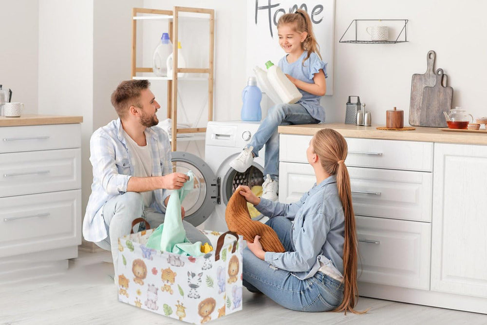 Sanjiaofen storage bin handle detail shows durable leather handles for easy movement