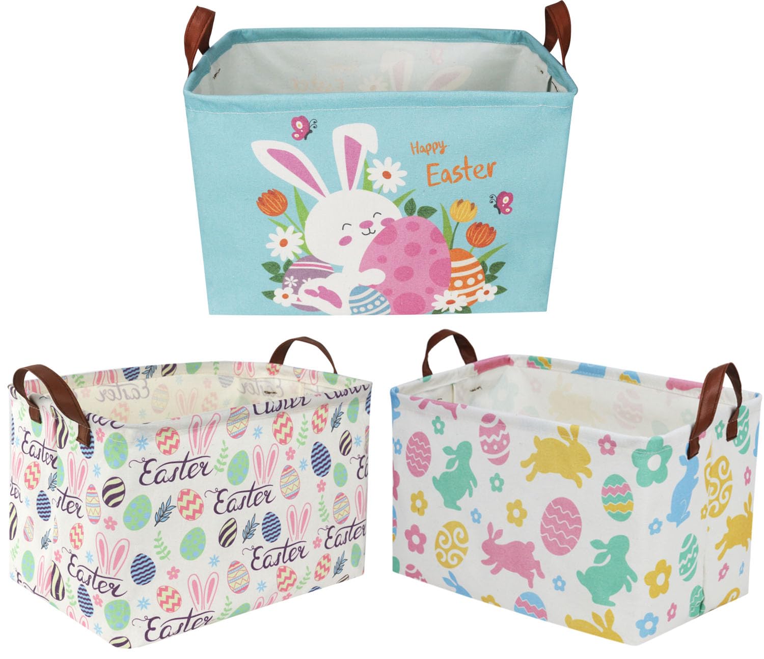 Sanjiaofen Easter baskets front view, durable linen-cotton fabric ideal for toy storage.