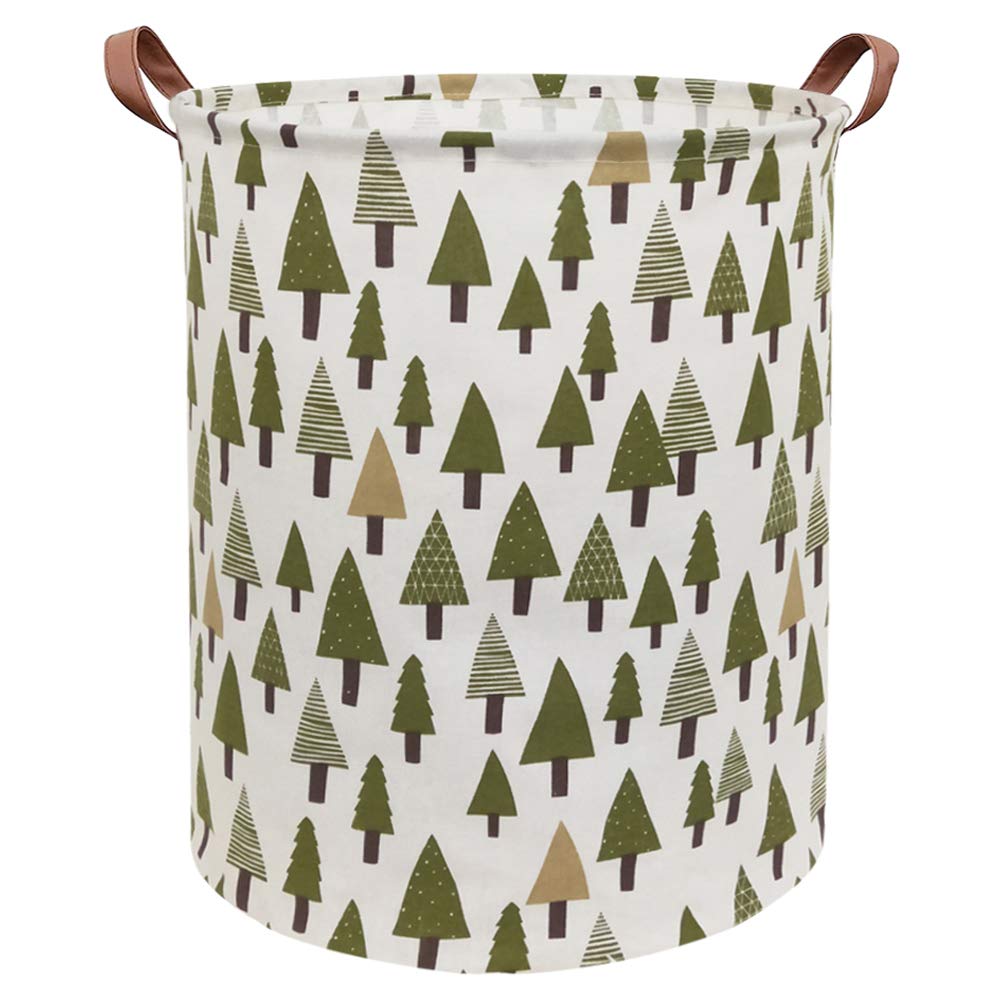 Sanjiaofen tree-pattern storage bin close-up shows durable linen-cotton fabric for organized laundry.
