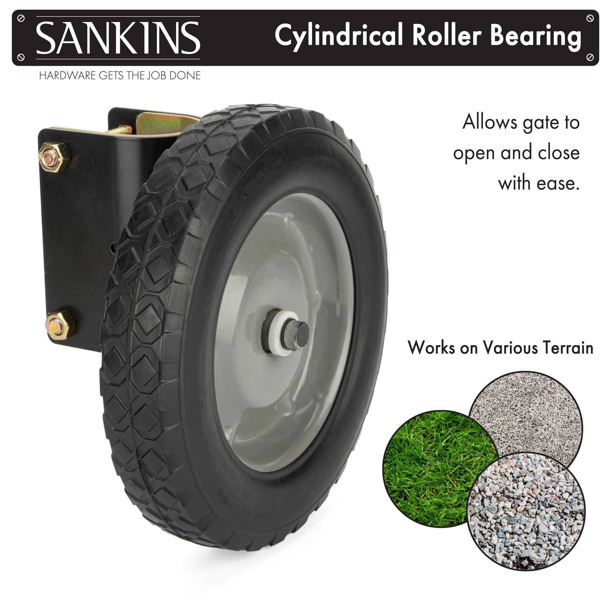 SANKINS gate wheel installed on a driveway gate improves stability on gravel