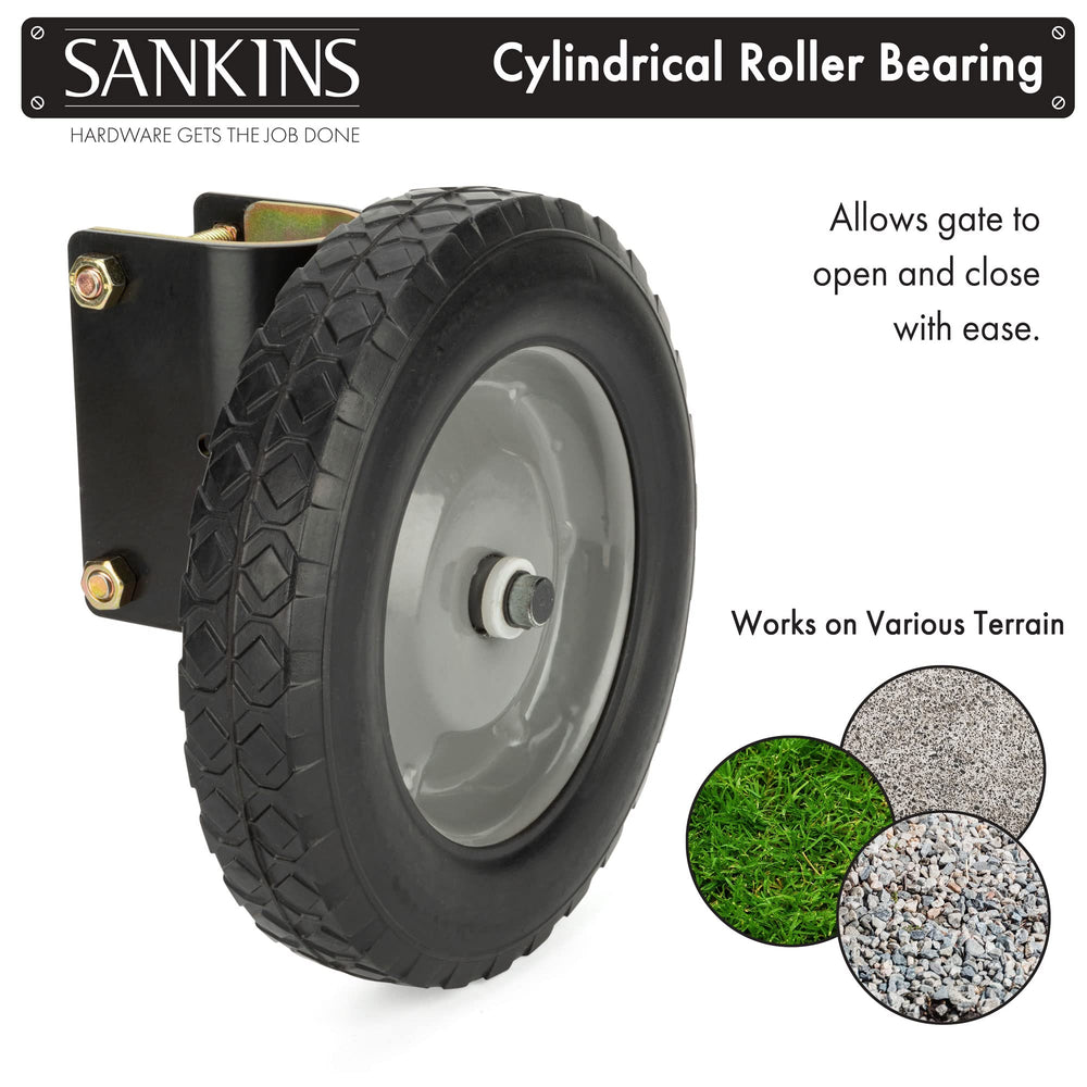 SANKINS gate wheel installed on a driveway gate improves stability on gravel