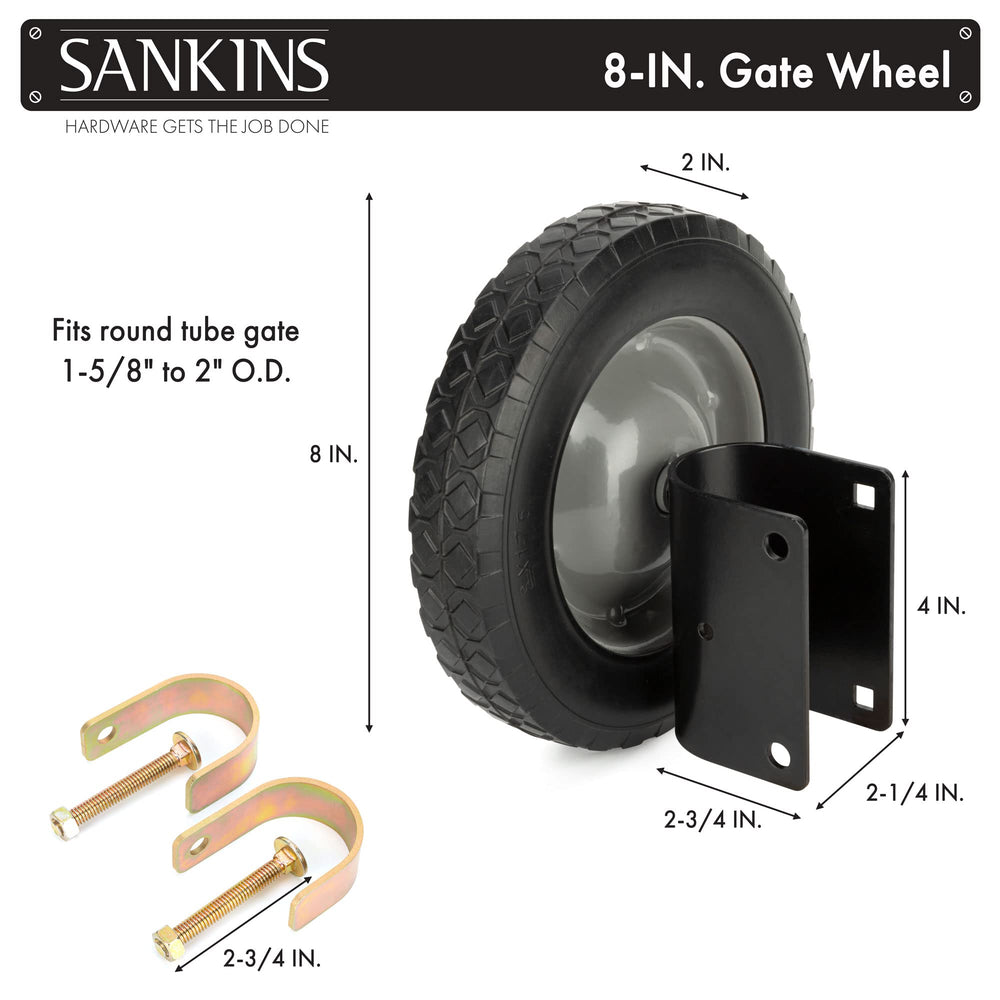 SANKINS 8in rubber gate wheel installation detail highlights easy bolt-tightening